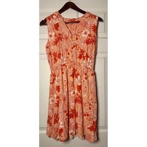 Market and Spruce Coral Floral Print Buttoned Smocked Waist‎ Sleeveless Dress L